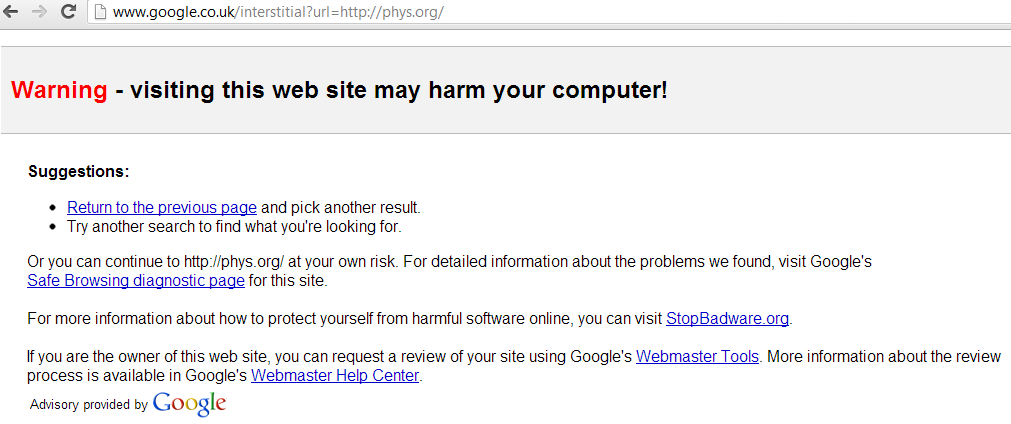 phys.org-hacked-google-warning-malware
