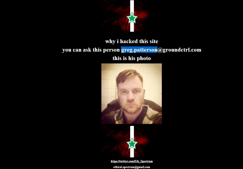 Deface page showing message against Greg Patterson – the COO and co-founder of ground(ctrl)