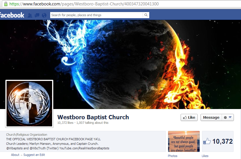 Westboro Baptist Church's Official Facebook Page Hacked by Anonymous