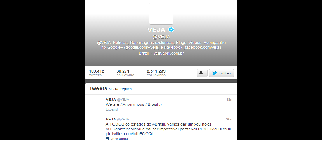 Anonymous Hacks Brazil's Largest Magazine VEJA's Twitter account, invites Brazilians to Protest against Government-2