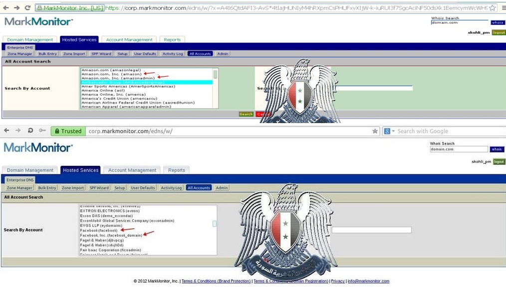 A screenshot shows Syrian Electronic Army has access to MarkMonitor admin panel