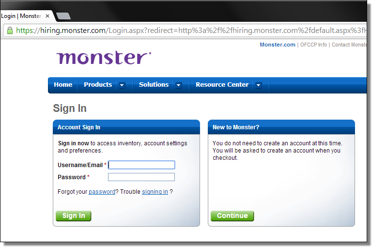 Real page of hiring.monster.com. Image Credit: F-Secure.com