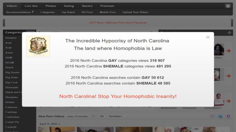 Xhammter - xHamster trolls North Carolina by banning itself against anti-LBGT law