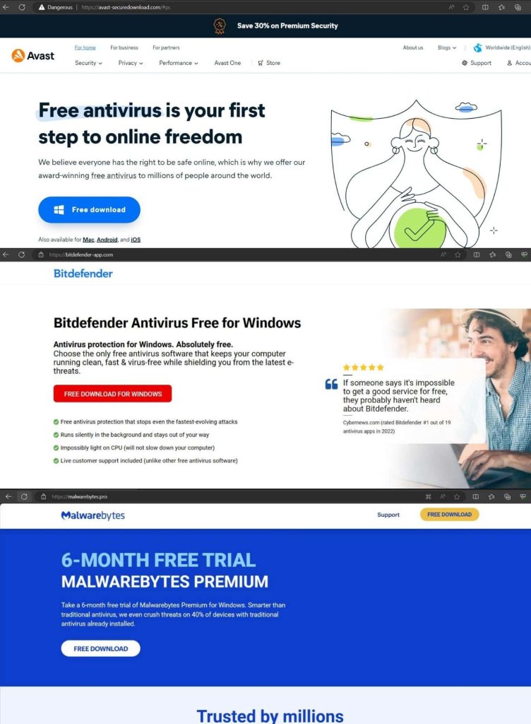 Sahte Antivirüs Siteleri Avast, Malwarebytes, Bitdefender Kılığında Kötü Amaçlı Yazılım Yayıyor