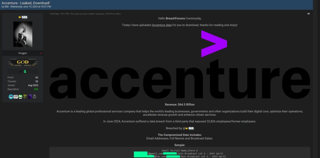 Hacker, Üçüncü Taraf İhlalinde 33.000 Accenture Çalışanının Verilerini Sızdırdı