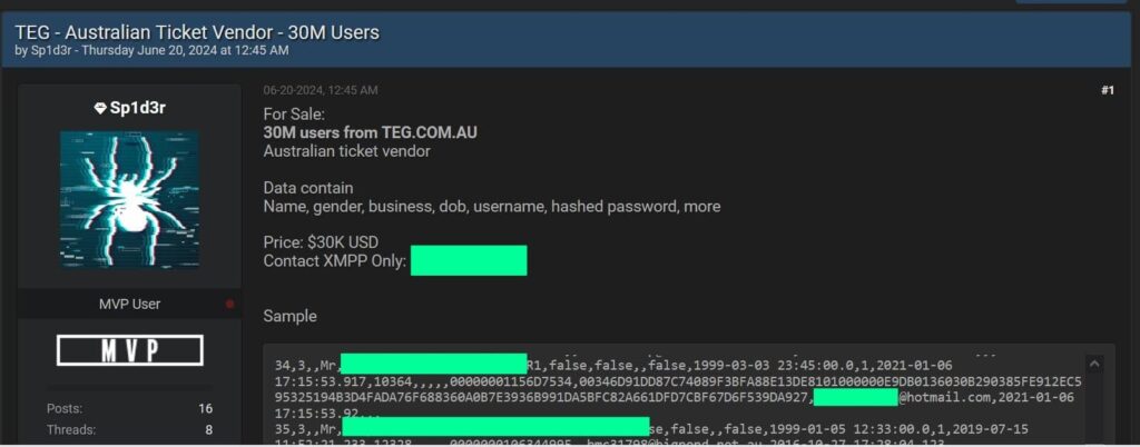 Hacker Claims TEG Ticket Vendor Breach: 30M User Records for Sale