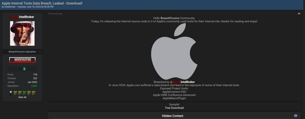 IntelBroker Hacker Claims Apple Breach, Steals Source Code for Internal Tools