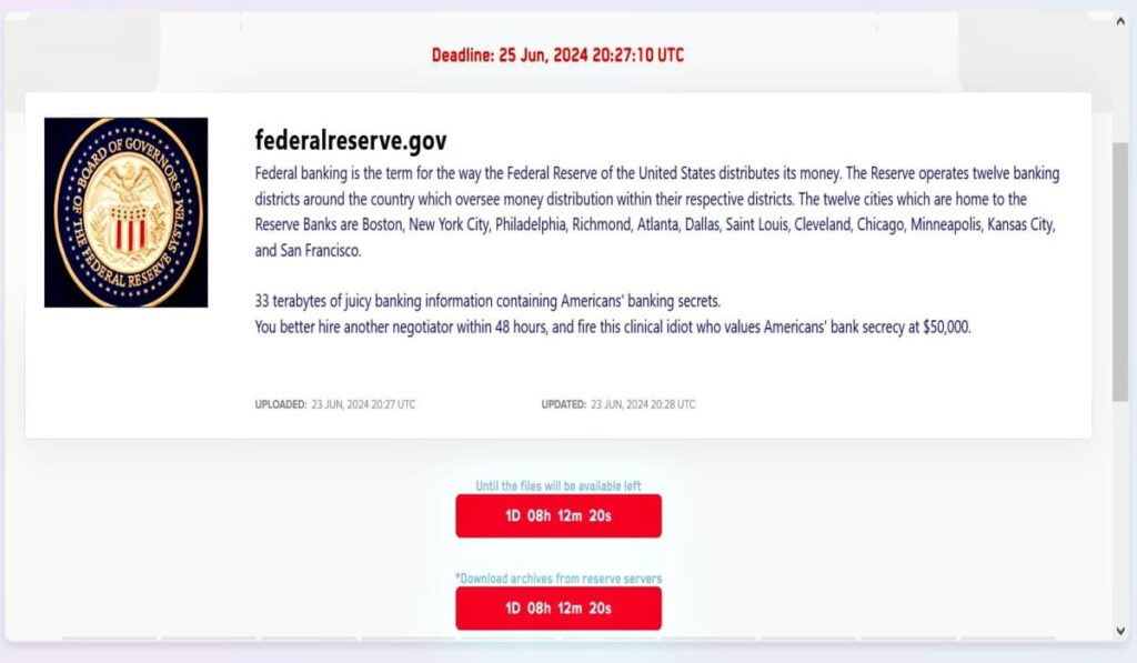 LockBit Ransomware Claims 33 TB of US Federal Reserve Data for Ransom