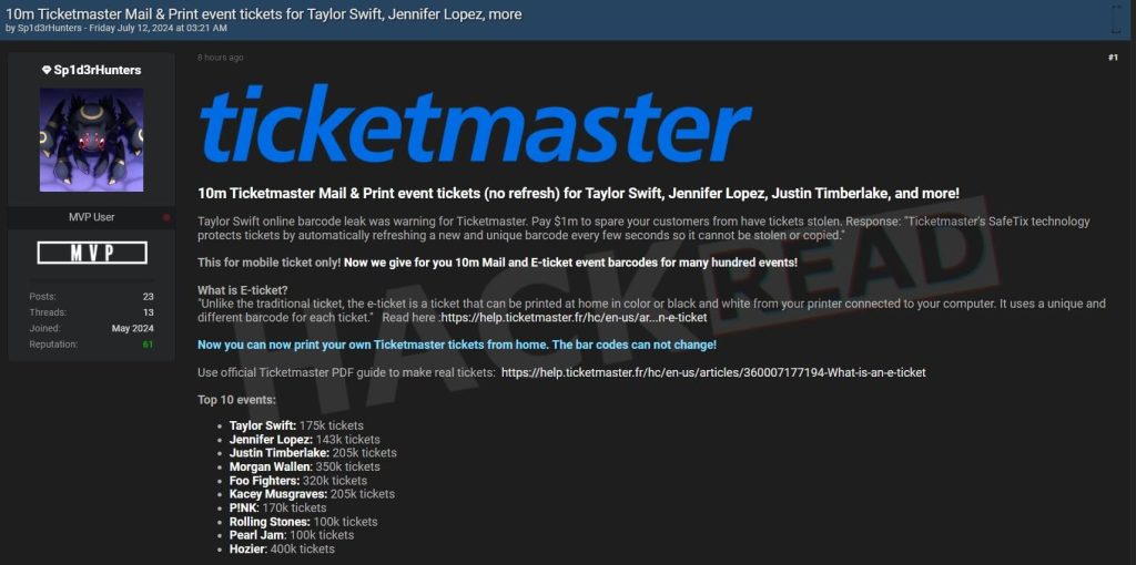 Ticketmaster Data Breach: Hackers Leak 10 Million Ticketmaster Tickets