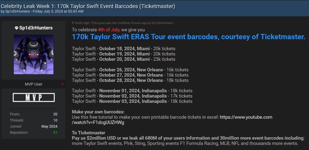 Ticketmaster Breach: ShinyHunters Leak 440,000 Taylor Swift Eras Tour Tickets