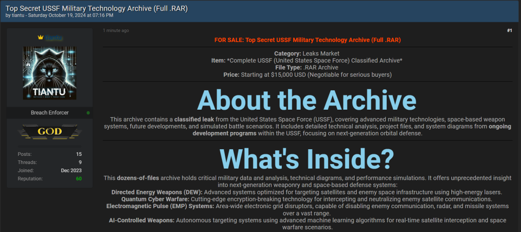 Hacker Advertises "Top Secret US Space Force Military Technology Archive"