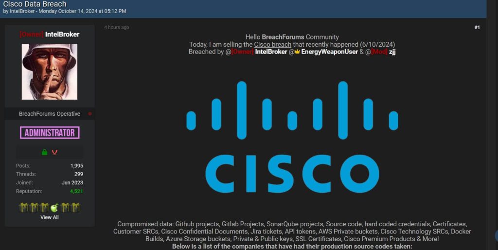 Intel Broker Claims Cisco Breach, Selling Stolen Data from Major Firms