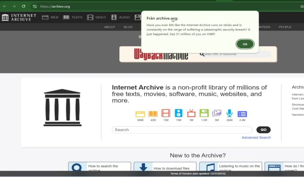 Internet Archive (Archive.Org) Hacked: 31 Million Accounts Hacked