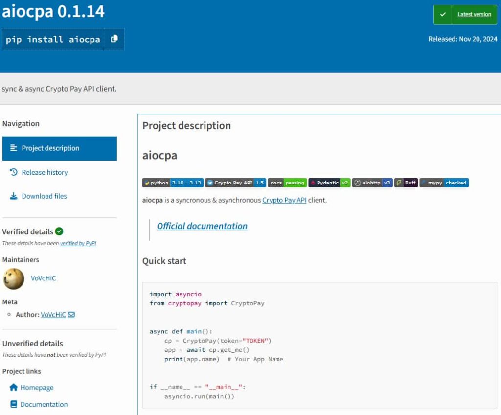 "aiocpa" Python Package Exposed as Cryptocurrency Infostealer