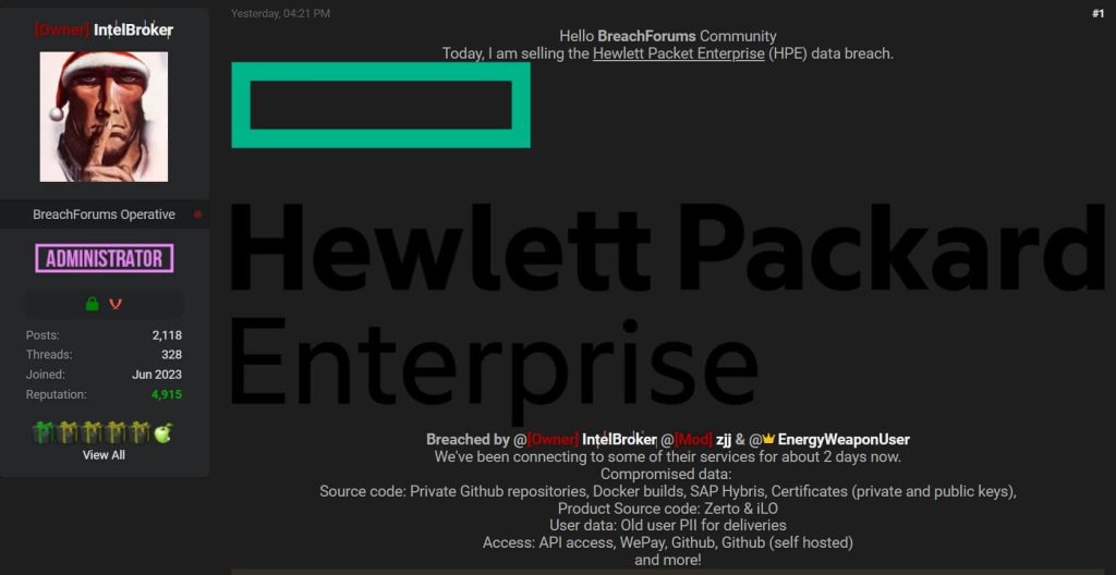 Hackers Claim Breach of Hewlett Packard Enterprise, Lists Data for Sale