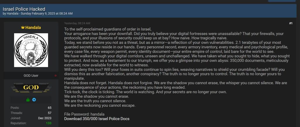 Handala Hackers Claim Massive Data Breach on Israeli Police, Leak 350,000 Files