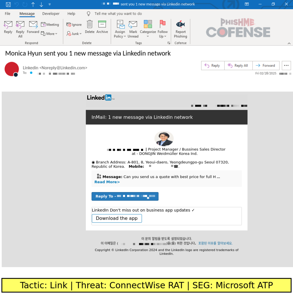 LinkedIn Phishing Scam: Fake InMail Messages Spreading ConnectWise Trojan