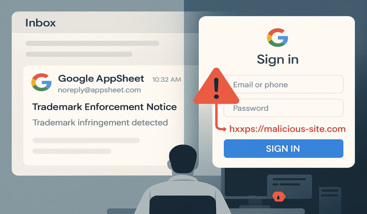 New Google AppSheet Phishing Scam Deliver Fake Trademark Notices