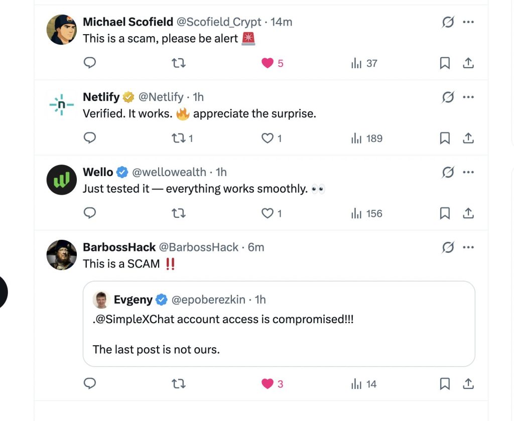 SimpleX Chat X Account Hacked, Fake Site Promotes Crypto Wallet Scam