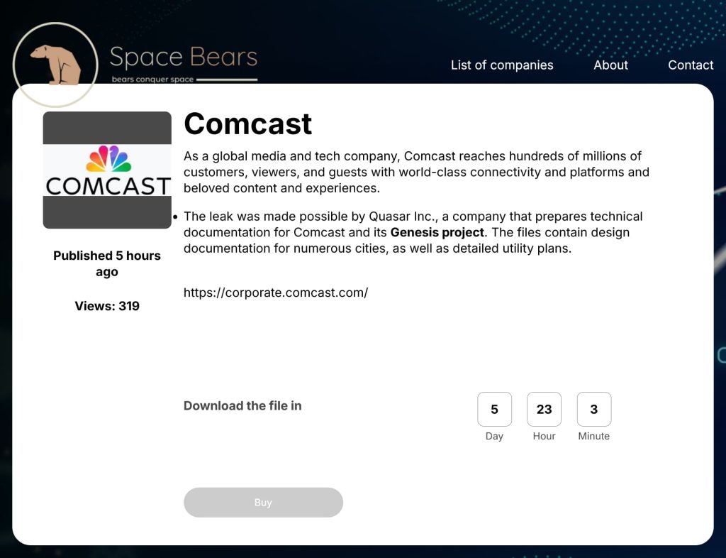 Space Bears Ransomware Claims Comcast Data Theft Through Quasar Breach