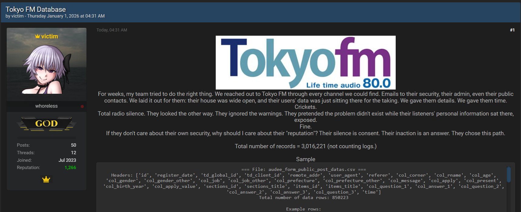 Tokyo FM Data Breach: Hacker Claims Over 3 Million Records Stolen