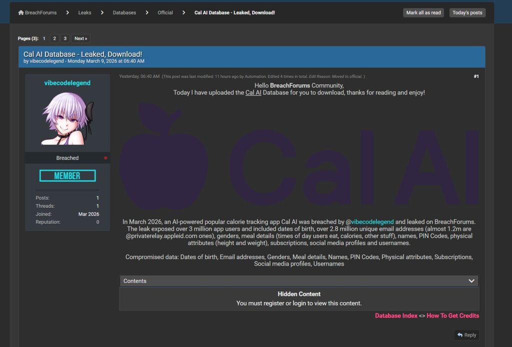 Cal AI, New Owner of MyFitnessPal, Hit by Alleged Breach of 3 Million Users