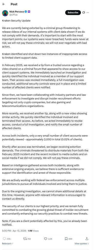 Kraken Exchange Faces Extortion After Insider Recorded System Footage