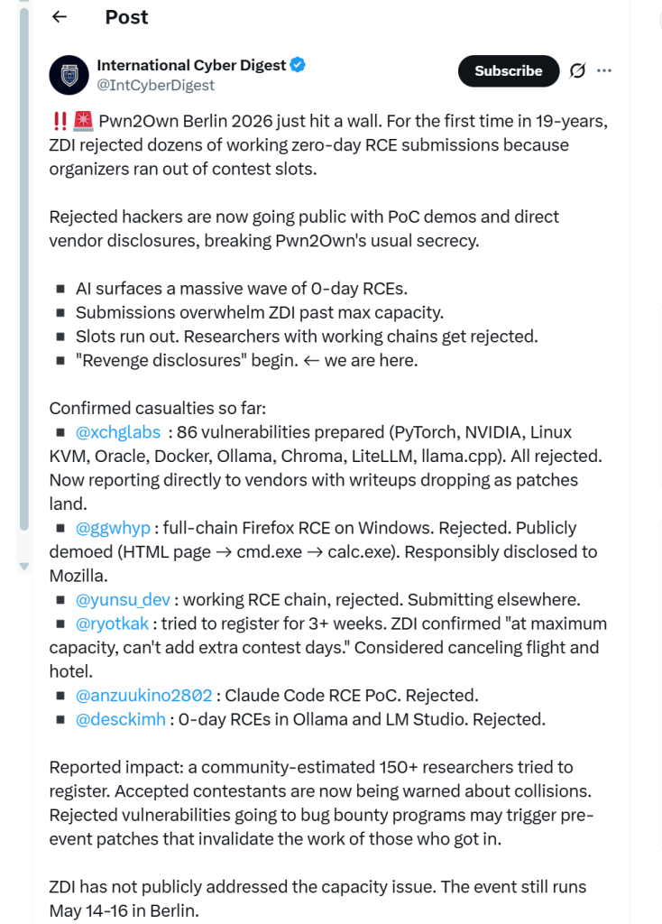Pwn2Own Berlin 2026 Hits Capacity as Rejected Hackers Release 0-Days