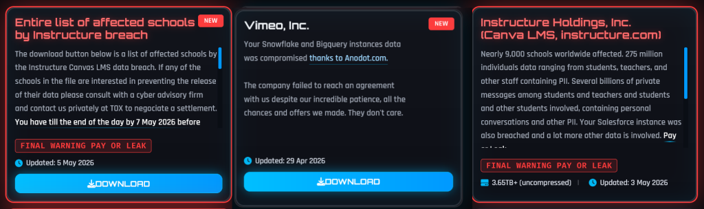 ShinyHunters Instructure Canvas and Vimeo in Massive Data Breaches