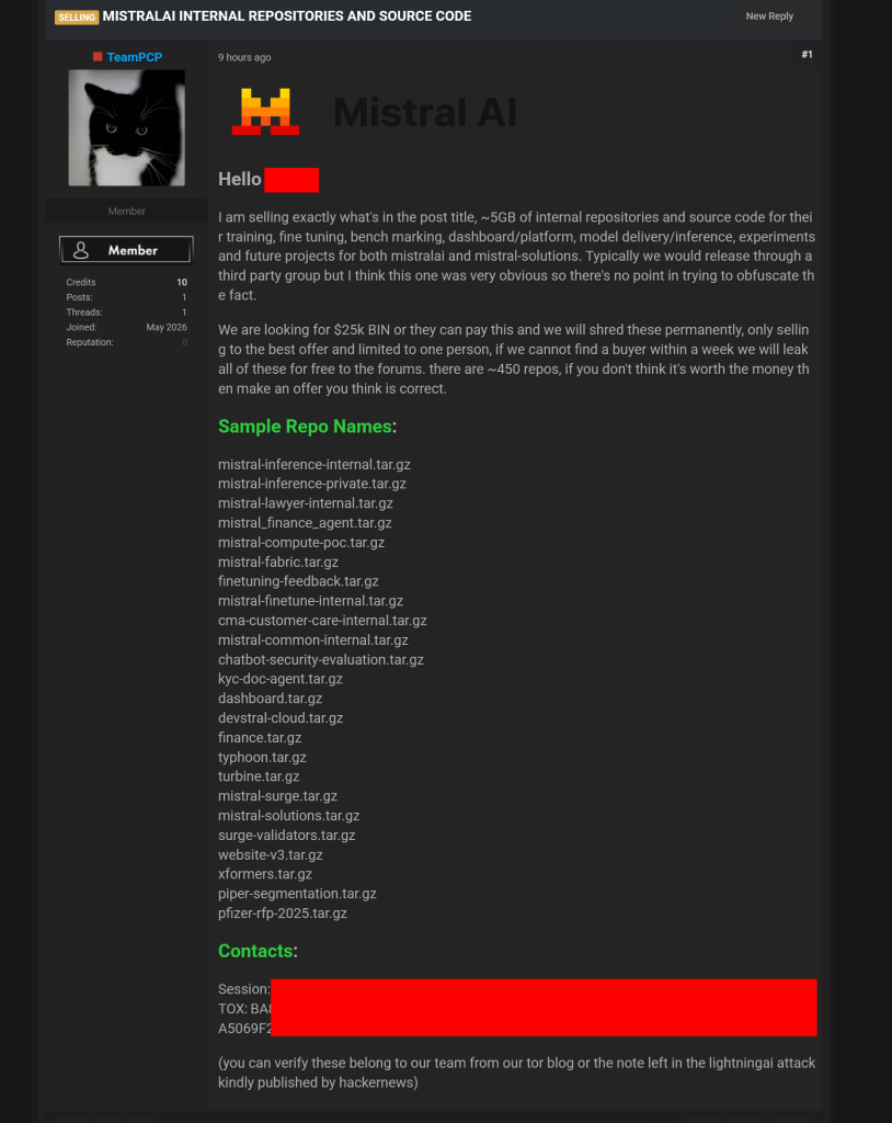 TeamPCP Claims Sale of Mistral AI Repositories Amid Mini Shai-Hulud Attack