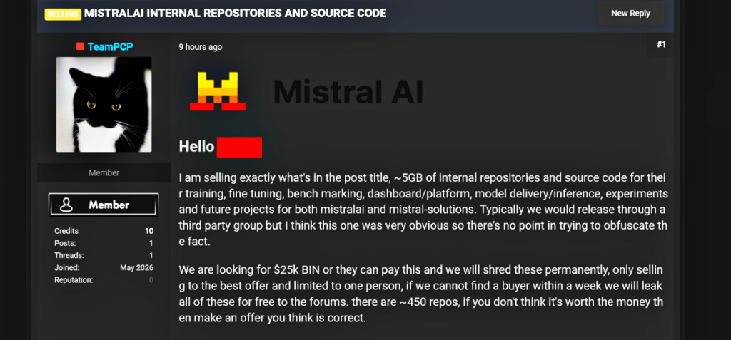 TeamPCP Claims Sale of Mistral AI Repositories Amid Mini Shai-Hulud Attack