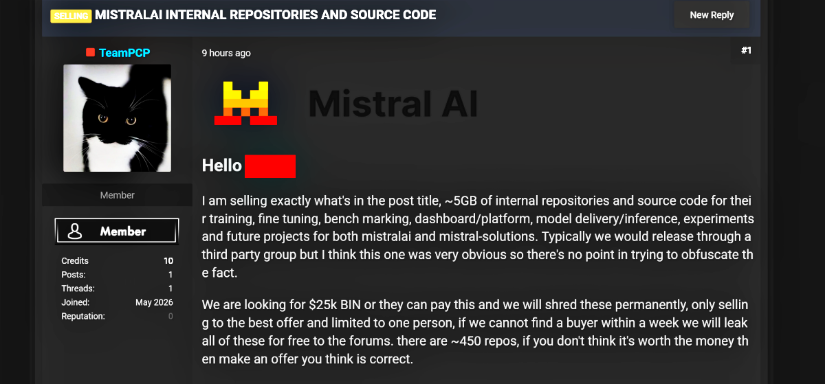 TeamPCP Claims Sale of Mistral AI Repositories Amid Mini Shai-Hulud Attack