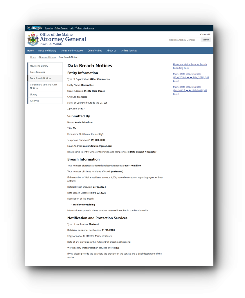 Maine Govt Portal Lists 10M Discord Data Breach Notice, But Filing Shows Red Flags
