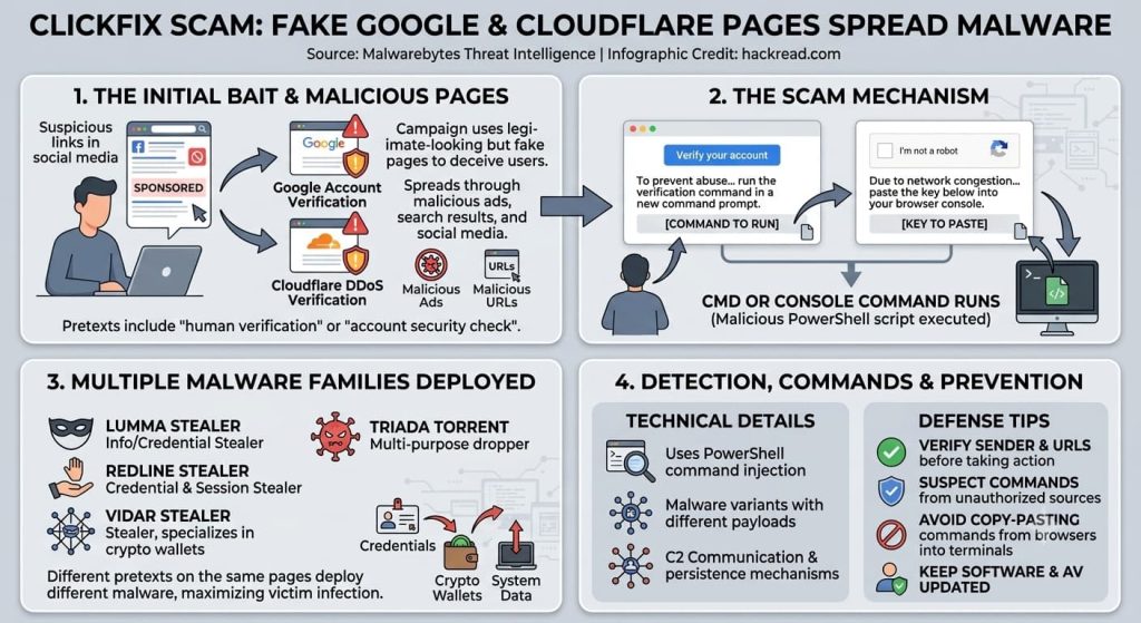 ClickFix Scam Abuses Google, Cloudflare Checks to Deliver 7 Malware Families