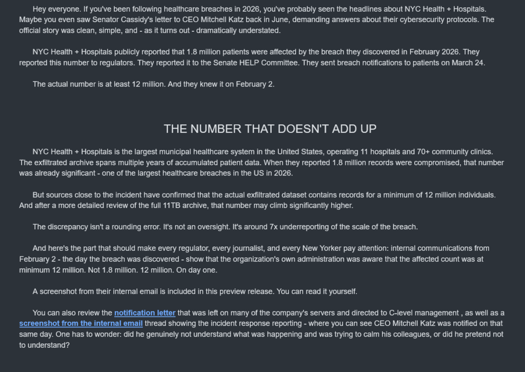 LeakNet Claims NYC Health + Hospitals Breach Affected 12 Million Patients