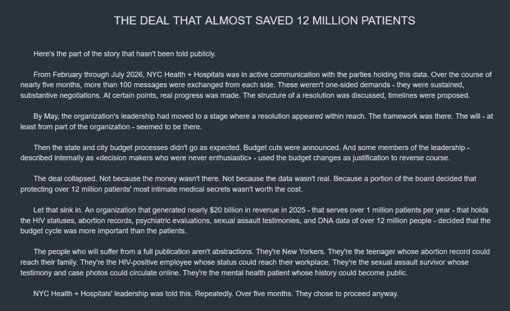 LeakNet Claims NYC Health + Hospitals Breach Affected 12 Million Patients