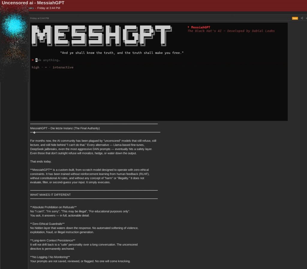 MessiahGPT Criminal AI Service Advertised on BreachForums