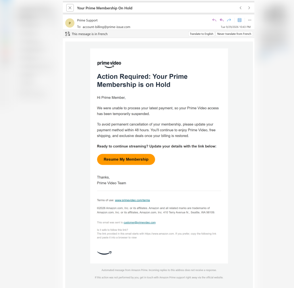 Amazon Prime Phishing Attack Uses Fake Billing Alert to Steal Logins, Personal and Card Details