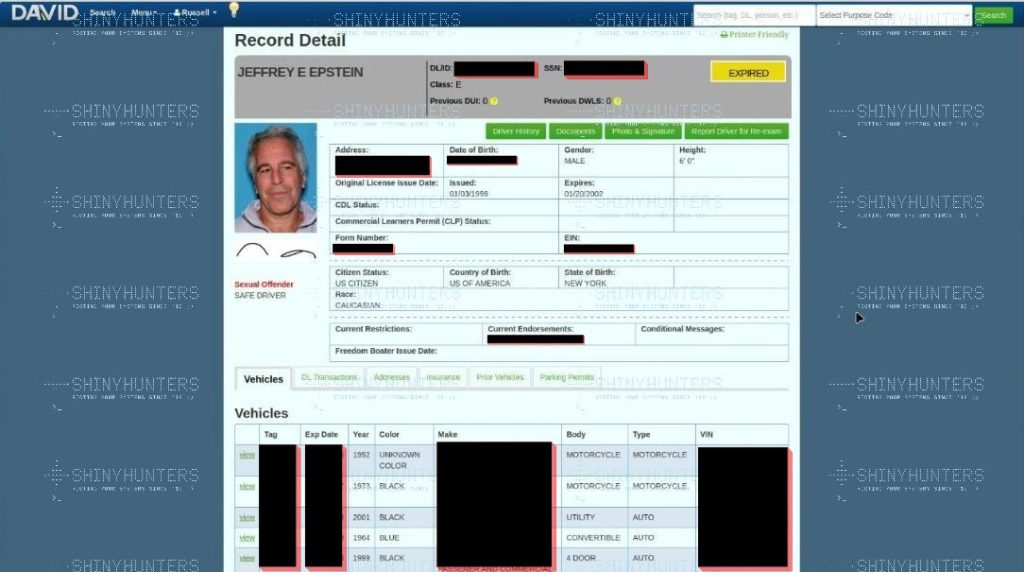 ShinyHunters Claims Florida DMV Breach, Posts Jeffrey Epstein Record as Proof