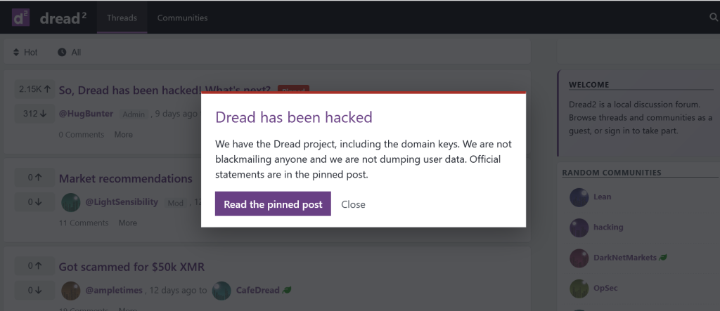 Dread Dark Web Forum Apparently Hijacked, New Operators Claim Access to Domain Keys